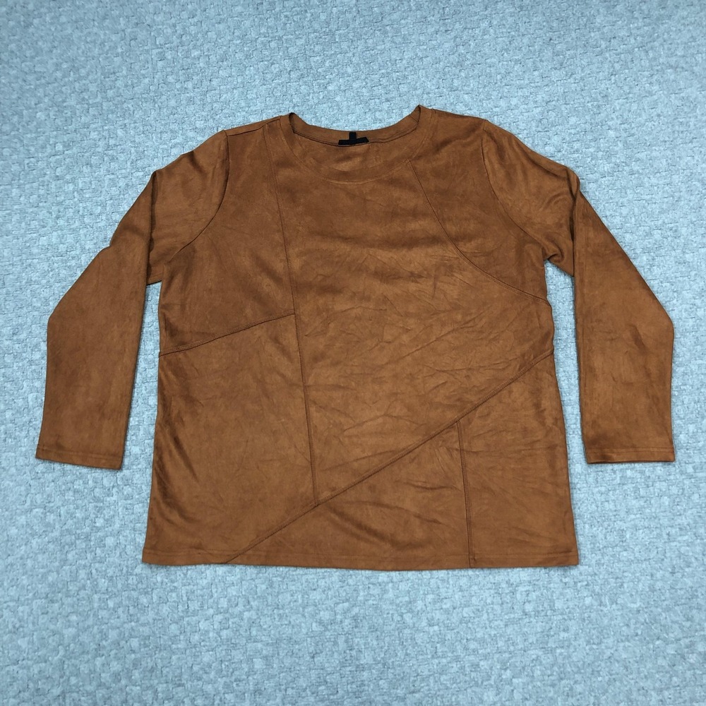 Joh Shirt Womens XL Brown Faux Suede Tunic Long Sleeve Stretch Knit Soft Top